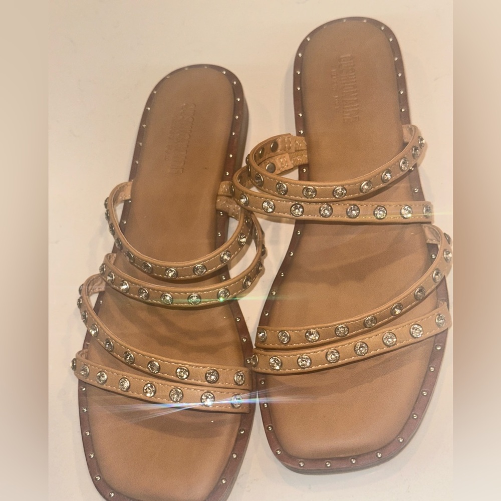 Studded Tan Sandals with Rhinestone Straps